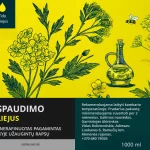 Rapsų aliejaus etiketė – Šalto spaudimo 1L Šalto spaudimo rapsų aliejaus etiketė su geltonu fonu, rapsų žiedų iliustracija ir produkto informacija apie natūralų, nefiltruotą ir nerafinuotą aliejų.