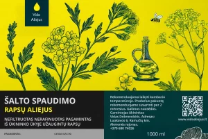 Rapsų aliejaus etiketė – Šalto spaudimo 1L Šalto spaudimo rapsų aliejaus etiketė su geltonu fonu, rapsų žiedų iliustracija ir produkto informacija apie natūralų, nefiltruotą ir nerafinuotą aliejų.