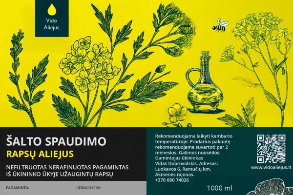 Rapsų aliejaus etiketė – Šalto spaudimo 1L Šalto spaudimo rapsų aliejaus etiketė su geltonu fonu, rapsų žiedų iliustracija ir produkto informacija apie natūralų, nefiltruotą ir nerafinuotą aliejų.
