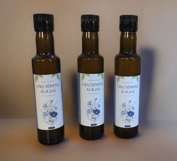 linu-semenu-aliejus-buteliukai „Linų sėmenų aliejaus 250 ml buteliukai – šalto spaudimo Vido aliejus“