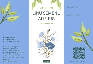 linu-semenu-aliejus-etikete „Linų sėmenų aliejaus etiketė – Vido aliejus, šalto spaudimo natūralus aliejus“