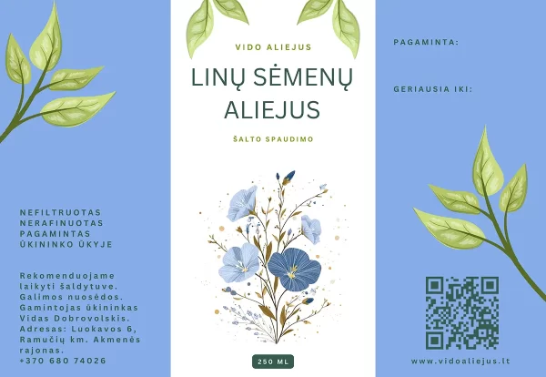 linu-semenu-aliejus-etikete „Linų sėmenų aliejaus etiketė – Vido aliejus, šalto spaudimo natūralus aliejus“