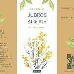 Judros aliejaus etiketė – Vido Aliejus Judros aliejaus etiketė – šalto spaudimo, nefiltruotas, ūkininko ūkyje pagamintas aliejus su geltonų žiedų iliustracija.