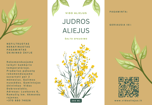Judros aliejaus etiketė – šalto spaudimo, nefiltruotas, ūkininko ūkyje pagamintas aliejus su geltonų žiedų iliustracija.
